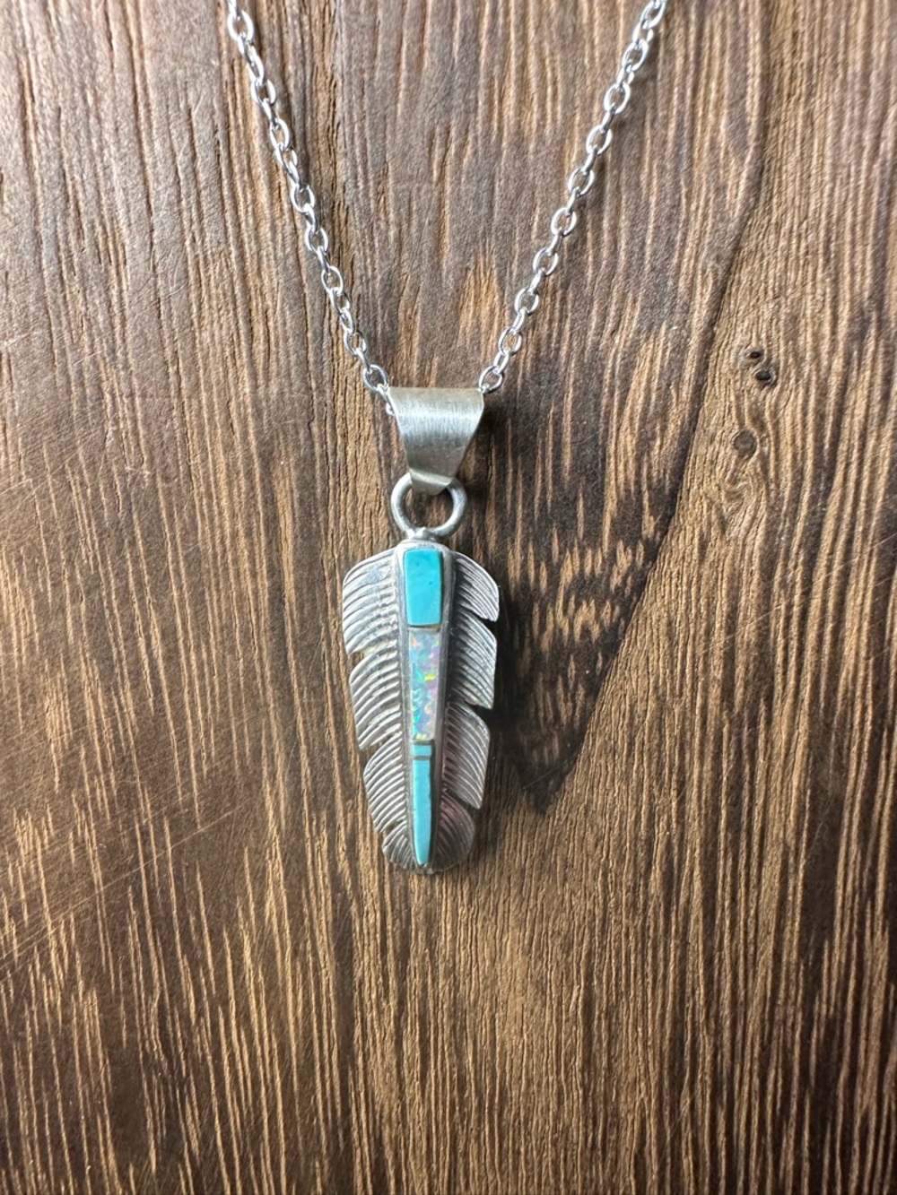 Sterling Silver Feather Pendant Necklace with Turquoise and Opal Inlay in Chain - Picture 2 of 11
